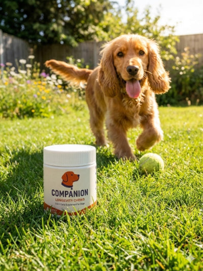 Dog standing on grass with a supplement jar labeled 'Companion' and a tennis ball.